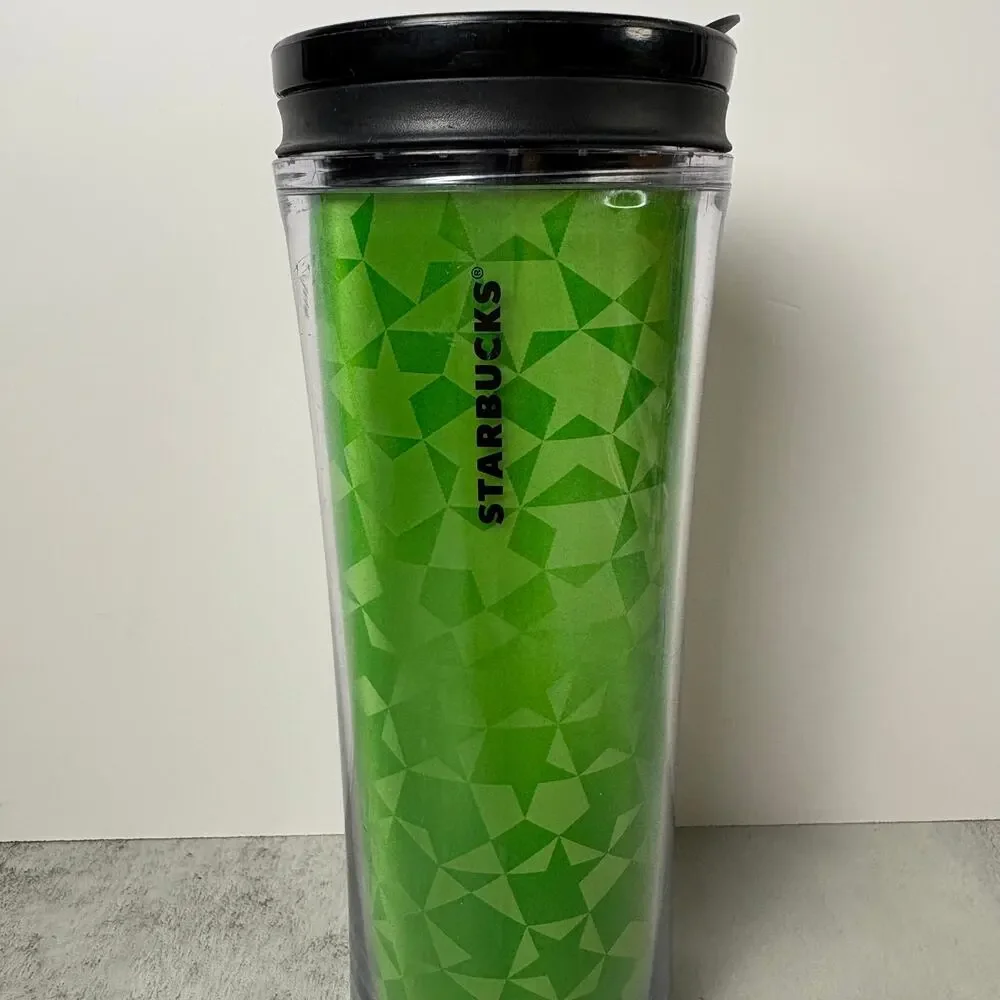 Starbucks 2011 Neon Green Geometric Mosaic Acrylic Travel Tumbler Mug 16oz